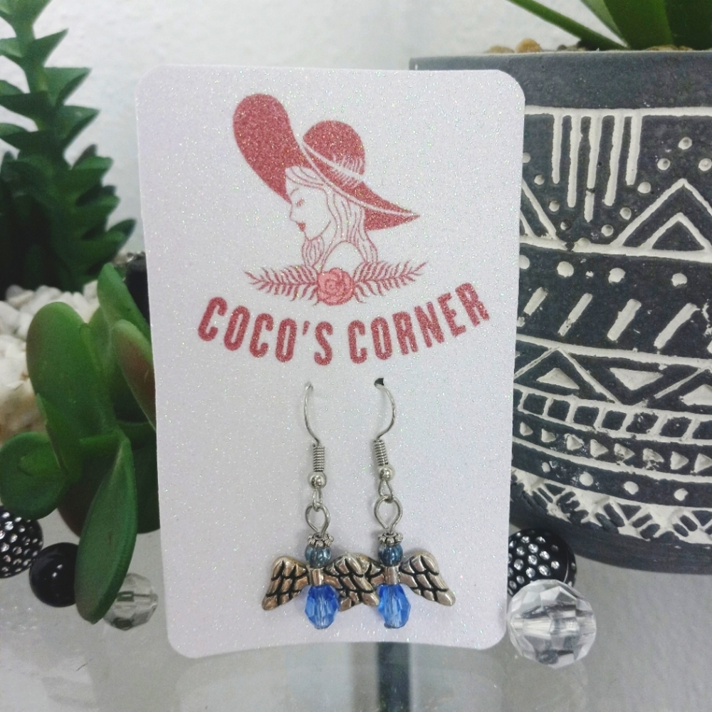 Blue stone angel baby dangle earrings